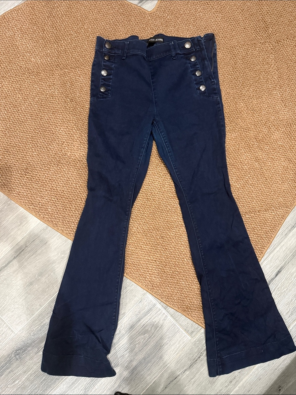 Express Dark Navy Flare Jeans with Silver Button Accents